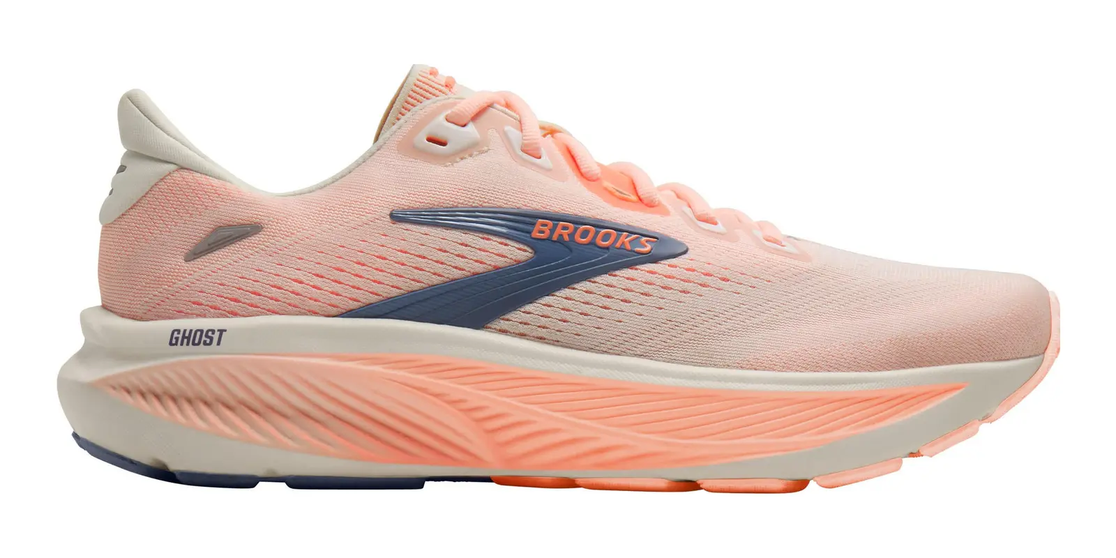 Brooks Ghost 18 in Star White / Cyber Peach / Grey
