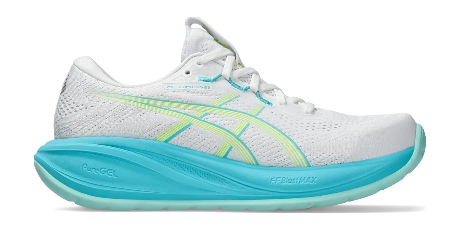 ASICS Cumulus 28 in White / Energy Aqua